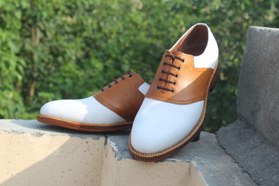 Crafted Leather Stunning Handmade Brown White Leather Oxford Dress Shoes