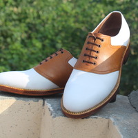 Crafted Leather Stunning Handmade Brown White Leather Oxford Dress Shoes - Thumbnail 5