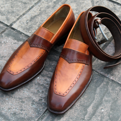 Crafted leather classic brown tan leather moccasin loafers dress shoes with matchinf belt - Thumbnail 5