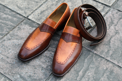 Crafted Leather Classic Brown Tan Leather Moccasin Loafers Dress Shoes With Matchinf Belt