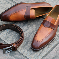 Crafted Leather Classic Brown Tan Leather Moccasin Loafers Dress Shoes With Matchinf Belt - Thumbnail 1