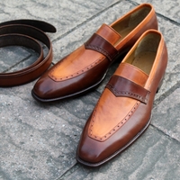 Crafted Leather Classic Brown Tan Leather Moccasin Loafers Dress Shoes With Matchinf Belt - Thumbnail 2