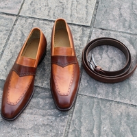 Crafted Leather Classic Brown Tan Leather Moccasin Loafers Dress Shoes With Matchinf Belt - Thumbnail 3