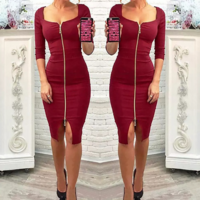 Fashion Solid Color Zipper Slim Sexy Package Hip Dress - Thumbnail 3