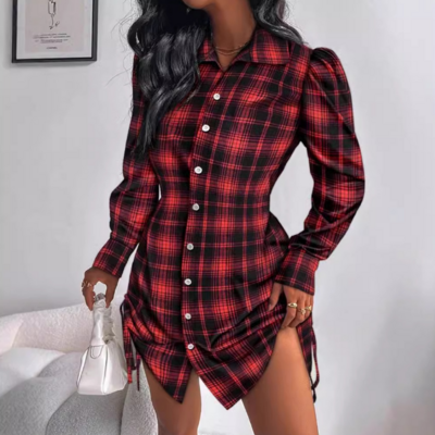 Fashion women long sleeves plaid dress