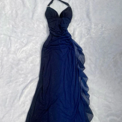 Halter a line ombre navy blue chiffon prom dresses