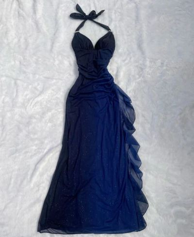 Halter A Line Ombre Navy Blue Chiffon Prom Dresses