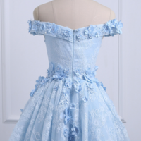 Off Shoulder High Low Sweetheart Blue Lace Prom Dresses - Thumbnail 2
