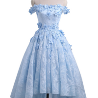 Off Shoulder High Low Sweetheart Blue Lace Prom Dresses - Thumbnail 1