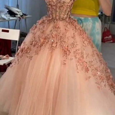Beautiful a-line sweetheart pink 3d flower tulle prom dresses