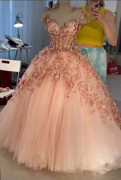 Beautiful A-line Sweetheart Pink 3D Flower Tulle Prom Dresses