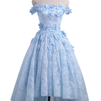 Off shoulder high low sweetheart blue lace prom dresses