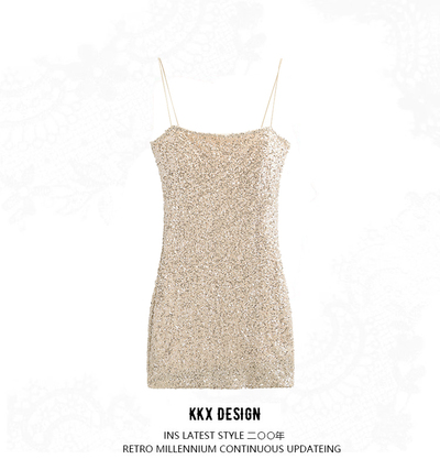 Fashionable and versatile glitter suspender dress