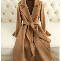 Classy Autumn and Winter Woolen Winter Trench Coat with Belt - Thumbnail 1
