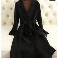 Classy Autumn and Winter Woolen Winter Trench Coat with Belt - Thumbnail 3