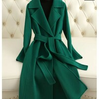 Classy Autumn and Winter Woolen Winter Trench Coat with Belt - Thumbnail 6