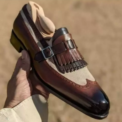 New handmade leather & suede wingtip brogue fringes monk strap dress shoes for men's