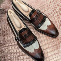 New Handmade Leather & Suede Wingtip Brogue Fringes Monk Strap Dress Shoes For Men's - Thumbnail 1