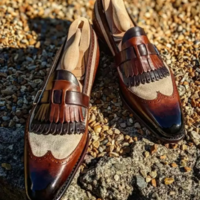 New Handmade Leather & Suede Wingtip Brogue Fringes Monk Strap Dress Shoes For Men's - Thumbnail 3