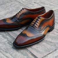 Crafted Leather Classic New Mens Brown Tan Patina Leather Wingtip Oxord Dress Shoes - Thumbnail 1