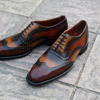 Crafted Leather Classic New Mens Brown Tan Patina Leather Wingtip Oxord Dress Shoes - Thumbnail 2