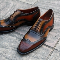 Crafted Leather Classic New Mens Brown Tan Patina Leather Wingtip Oxord Dress Shoes - Thumbnail 3