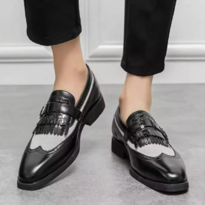 New handmade two tone leather & suede wingtip brogue fringes monk strap dress shoes for men's