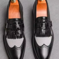 New Handmade Two Tone Leather & Suede Wingtip Brogue Fringes Monk Strap Dress Shoes For Men's - Thumbnail 1