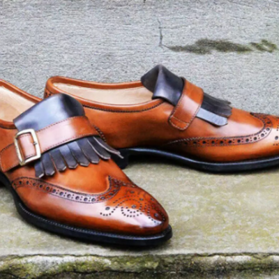 New handmade leather wingtip brogue fringes monk strap dress shoes for men's