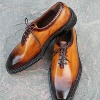 Crafted Leather Classic Men Brown Patina Black Shaded Leather Oxford Dress Shoes - Thumbnail 2