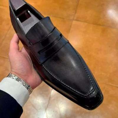 New men handmade black leather moccasins slip on formal dress shoes