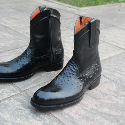  crafted leather men's black ostrich zip-up long boot - full-quill zipper cowboy boots