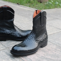  Crafted Leather Men's Black Ostrich Zip-Up Long Boot - Full-Quill Zipper Cowboy Boots - Thumbnail 2