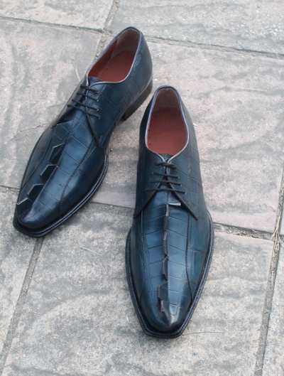 Crafted Leather Classic Blue Exotic Crocodile Hornback Derby Oxford Dress Shoes