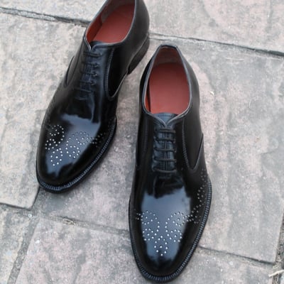 Crafted leather handmade men black calf leather formal oxford lace up shoes - Thumbnail 4