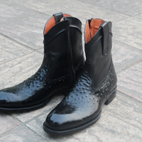 Crafted Leather Handmade Black Ostrich Leather Cowboy Men Boot - Thumbnail 1