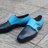 Crafted Leather Classic Handmade Men Blue Double Monk Strap Shoes - Thumbnail 1