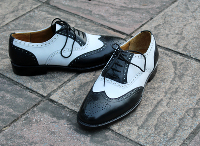 Crafted Leather Classic Black White Genuine Calf Leather Oxford Dress Shoes