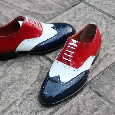 Crafted leather classic blue white and red leather dress formal shoes, men oxford lace up shoes - Thumbnail 2