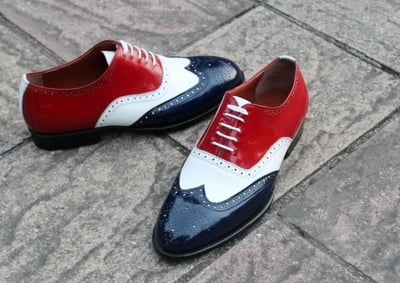 Crafted Leather Classic Blue White and Red Leather Dress Formal Shoes, Men Oxford Lace up Shoes