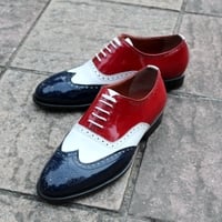 Crafted Leather Classic Blue White and Red Leather Dress Formal Shoes, Men Oxford Lace up Shoes - Thumbnail 1