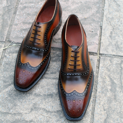 Crafted leather men classic new brown tan leather wingtip dress lace up shoes - Thumbnail 5