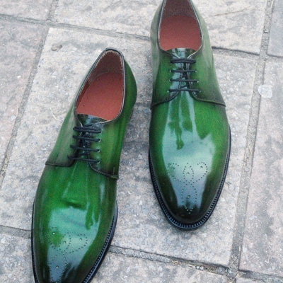 Crafted leather handmade green leather oxford lace up dress formal shoes - Thumbnail 4