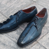 Crafted Leather Handmade Blue Hornback Exotic Crocodile Leather Oxford Lace up Shoes with Matching Belt - Thumbnail 2
