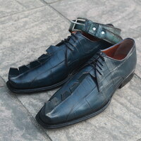Crafted Leather Handmade Blue Hornback Exotic Crocodile Leather Oxford Lace up Shoes with Matching Belt - Thumbnail 1