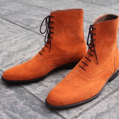 Crafted leather classic tan suede leather ankle high lace up wingtip dress boot - Thumbnail 4