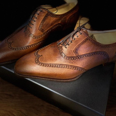 Handmade brown cow leather wingtip dress formal lace up shoes