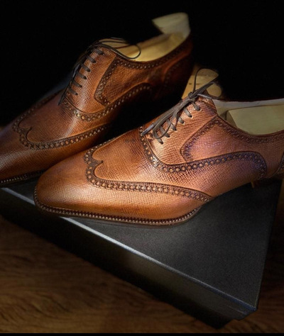 Handmade Brown Cow Leather Wingtip Dress Formal Lace Up Shoes