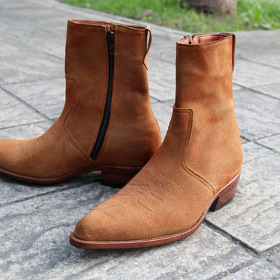 Crafted leather classic handmade men brown suede leather side zipper ankle high pointed toe jodhpur boot  - Thumbnail 4