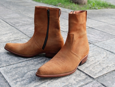 Crafted Leather Classic Handmade Men Brown Suede Leather Side Zipper Ankle High Pointed Toe Jodhpur Boot 